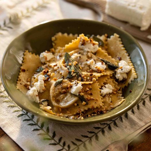 Ravioli with squash and sage, hazelnuts and goats cheese