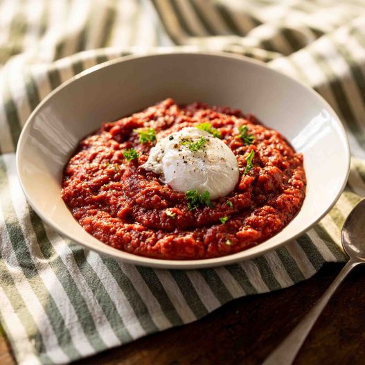 Roots soup with a poached egg