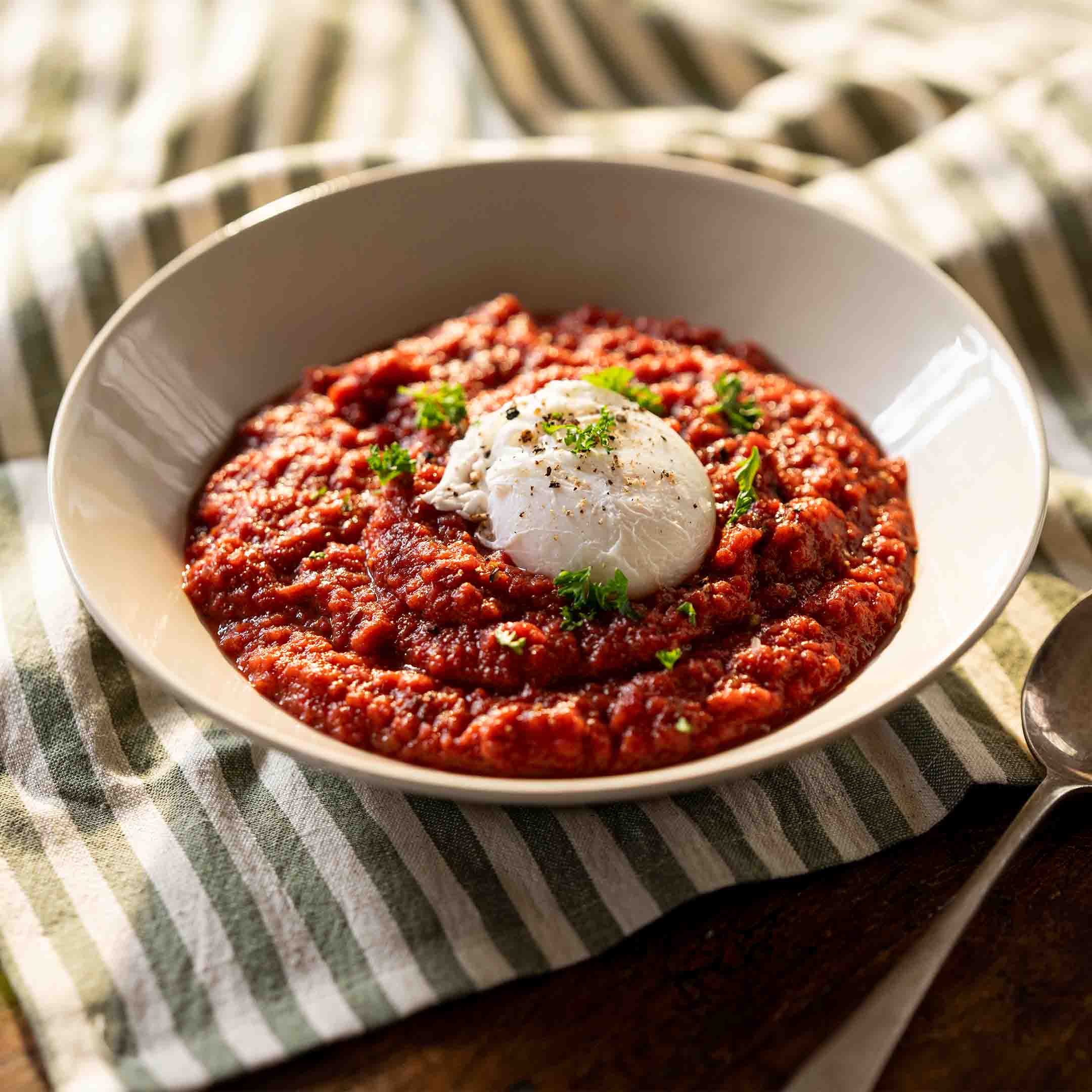 Roots soup with a poached egg